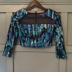 Dress The Population Sequin Crop Top Mesh Panel Blue Black Silver Size Small